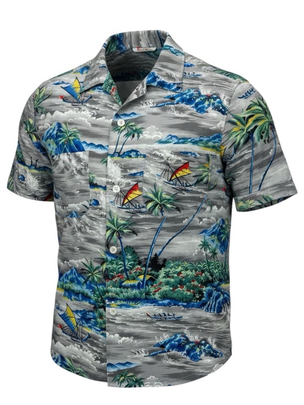 Vintage 1950s Penney's Rayon Hawaiian Shirt S Made Japan Outrigger Ocean Scenic